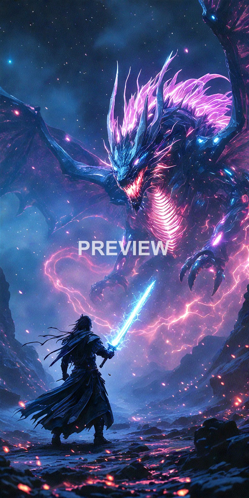 A warrior wielding a glowing sword faces a massive, glowing dragon with luminous purple and blue accents in a dark, rocky landscape filled with sparks and energy.